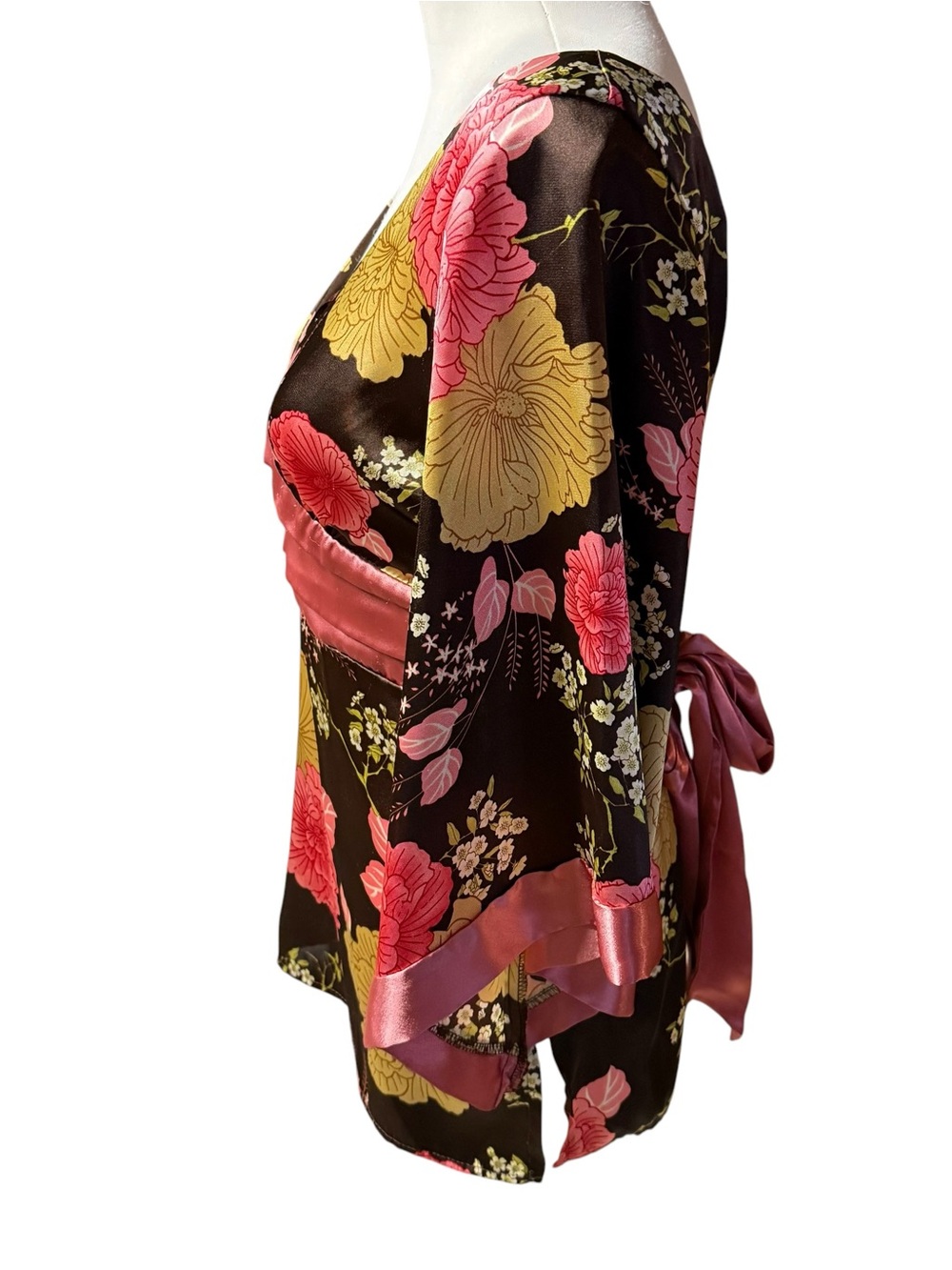 Forever 21 Brown Floral Satin Kimono V-Neck Top women’s sz Large Obi Belt - Picture 3 of 10
